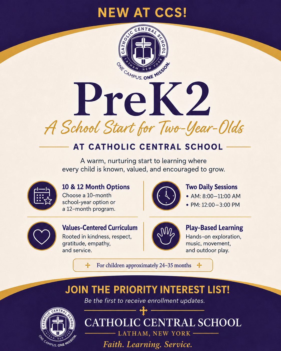 New at CCS: PreK2, a school start for two-year-olds. 10 and 12 month options, two daily sessions (8 to 11 AM or 12 to 3 PM), values-centered curriculum, and play-based learning, for children about 24 to 35 months. Join the priority interest list.